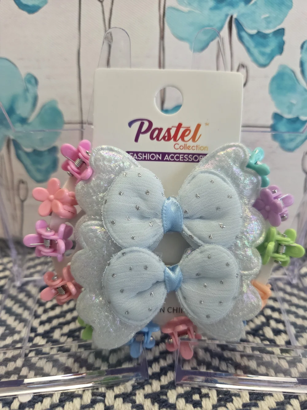 Kids Gliter Bow/Hair Clips - Blue and Peach